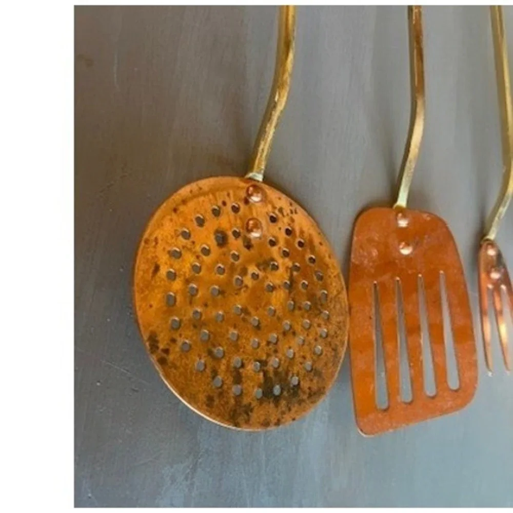 Vintage Copper Brass Kitchen Utensil Set 5pc Korea Patina Rustic Wall Rack